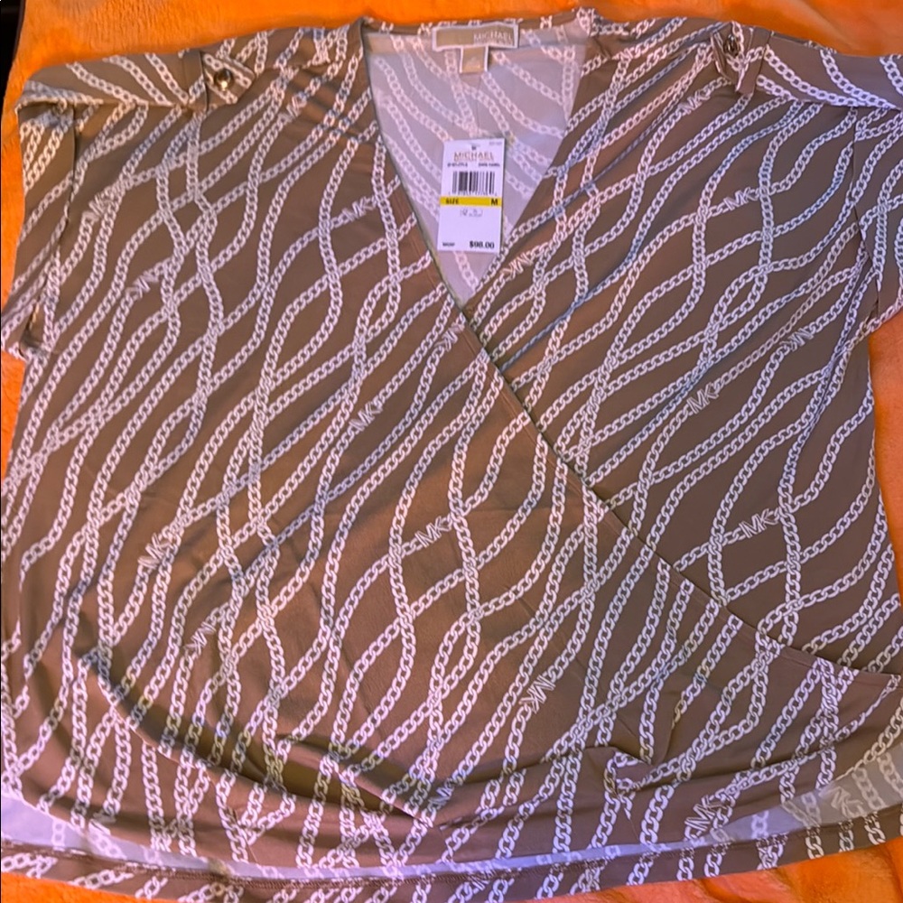 Michael Kors Brown and White Chain Pattern Blouse